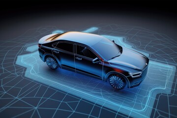 connected car, with 3d map of the surrounding area and directions to the nearest gas station, created with generative ai