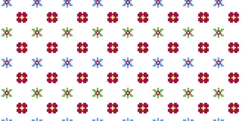 Colorful vector floral print, pattern,ornament for textile fabric or cloth. Carpathian Lemky colorful print. Pixel art, vyshyvanka, cross stitch. Ukrainian folk, ethnic modern design