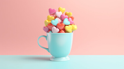 blue cup willed with colorful hearts. Generative AI