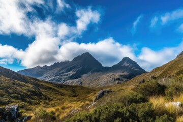 Fototapeta premium majestic mountain range with rolling clouds and blue skies, created with generative ai