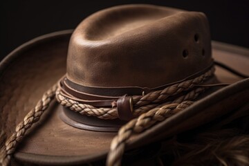 close-up of leather cowboy hat, with rope wrapped around the brim for decoration, created with generative ai