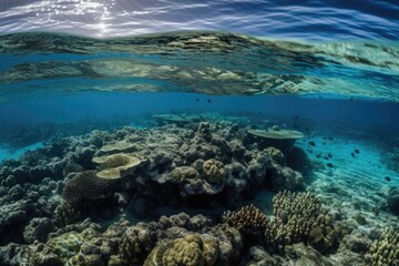 calm sea, with schools of fish swimming amongst coral reefs, created with generative ai