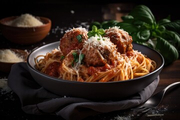 bowl of spaghetti and meatballs with sprinkle of parmesan cheese, created with generative ai - obrazy, fototapety, plakaty