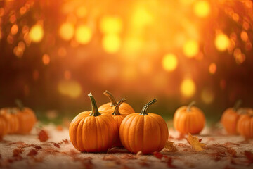 Autumn pumpkins on wooden table and blur background.Harvest Concept. Copy space. Ai generative