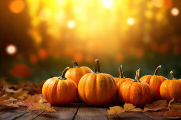 Autumn pumpkins on wooden table and blur background.Harvest Concept. Copy space. Ai generative