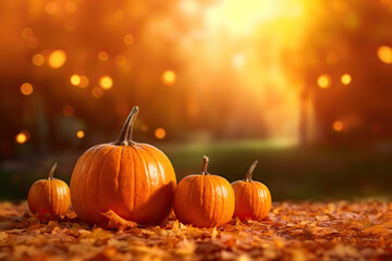 Naklejka na ściany i meble Autumn pumpkins on wooden table and blur background.Harvest Concept. Copy space. Ai generative