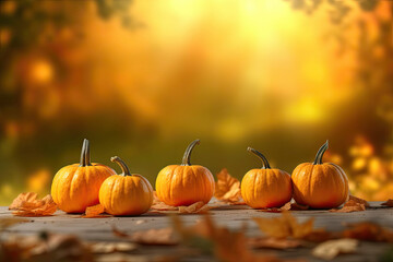 Naklejka na ściany i meble Autumn pumpkins on wooden table and blur background.Harvest Concept. Copy space. Ai generative