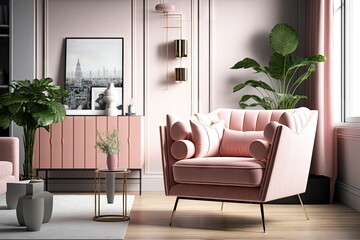 pink armchair in modern living room, surrounded by sleek furniture and minimalist decor, created with generative ai