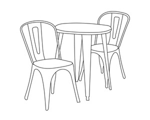Modern Restaurant chairs with table set with white background, Hand Drawn outline