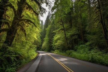 scenic highway winding through dense forest, with glimpses of the sky above, created with generative ai