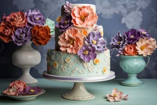 three-tiered cake with fondant and sugar flowers, created with generative ai