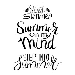 Summer hand drawn brush letterings set. Summer typography with watermelon. Black and white lettering. Hand drawn sweet summer. Written by hand letters.