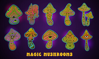 Magic Mushrooms set. Psychedelic poster.Vector illustration. Zen art. Decorative mushrooms, hippie, hallucination psilocybin 60s 70s