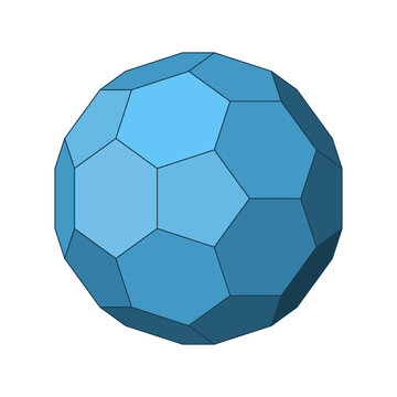 Blue truncated icosahedrons. Geometric soccer ball or football shape. Archimedean solid. Regular polygon outline with pentagonal and hexagonal faces. Blue gradient polygonal figure. Vector illustratio