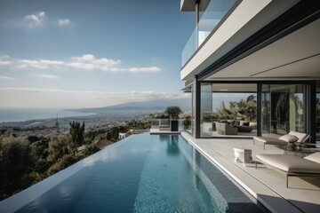 Fototapeta na wymiar modern mediterranean home with infinity pool and terrace, views of the ocean, created with generative ai