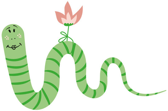 Funny green worm girl with flower
