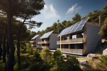 Fototapeta na wymiar eco-friendly hotel, with solar panels and wind turbines providing energy for guests, created with generative ai