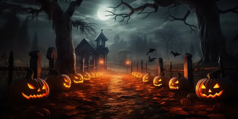 Fototapeta premium Generative AI - Spooky Night: Jack O' Lanterns in a Haunting Graveyard - A Halloween Backdrop
