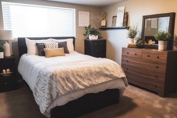 Fototapeta premium decluttered bedroom, with neatly made bed and organized dresser drawers, created with generative ai