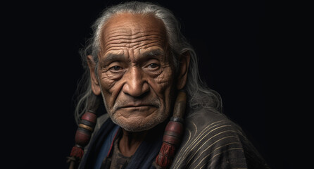 Fototapeta na wymiar A mature aged tribal man, wisdom, maturity, strength, understanding. Isolated on a black background with copy space. Developed with generative ai