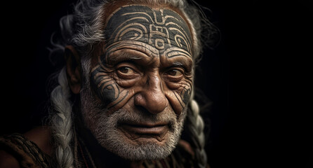 Fototapeta na wymiar A mature aged tribal man with face tattoos, wisdom, maturity, strength, understanding. Isolated on a black background with copy space. Developed with generative ai