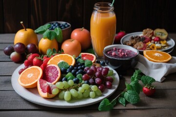 plate of fresh fruits and vegetables, with a glass of juice on the side, created with generative ai