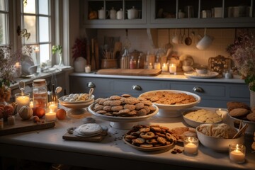 warm and cozy kitchen with dozens of freshly baked cookies and biscotti on platters, created with generative ai