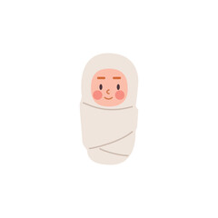 Newborn baby swaddled in blanket flat vector cartoon illustration isolated.