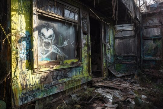 alien graffiti mural on abandoned building, with broken windows and peeling paint, created with generative ai