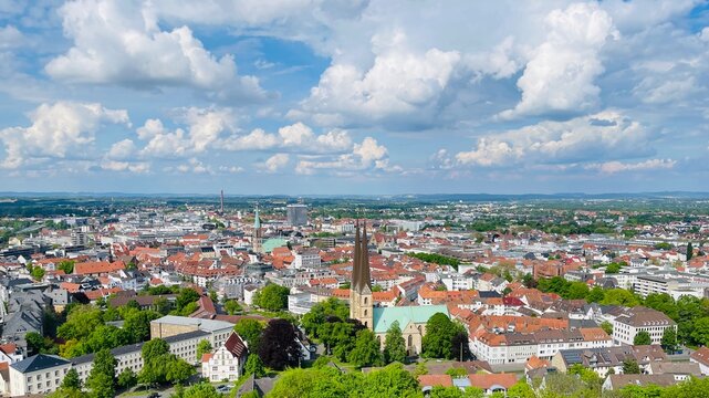 View over the Marienkirche in the historical center of Bielefeld from Sparrenberg Castle, North Rhine-Westphalia, Germany