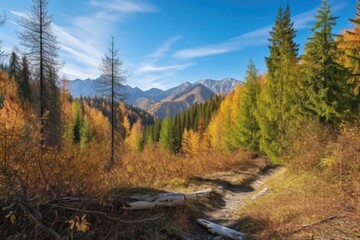 autumn forest hike with a view of mountain peaks and blue sky, created with generative ai