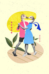 Vertical photo creative collage illustration of two animals birds mask couple dancing together freaks pigeons isolated on yellow background