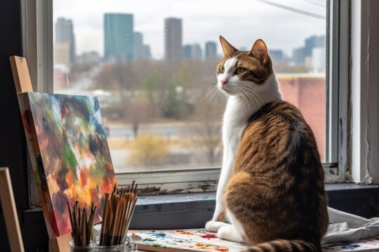 cat artist sitting in window with view of city skyline, created with generative ai