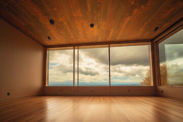 sky, with clouds moving overhead, pictured through large window in wood-paneled room, created with generative ai