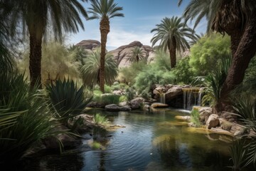 Fototapeta na wymiar desert oasis with waterfall and lush greenery in the background, created with generative ai