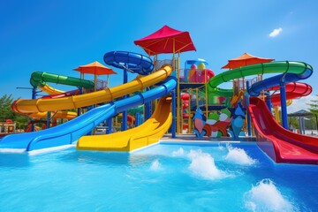 Fototapeta na wymiar water park with vibrant and colorful slides, surrounded by blue waters, created with generative ai
