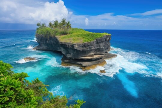 tropical island with cliff-edge view of the blue sea, palm trees in the background, created with generative ai