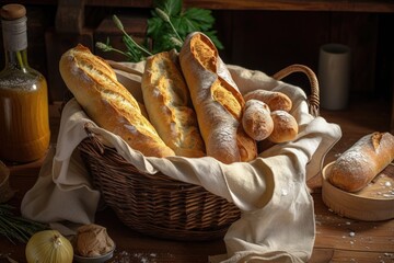 a rustic bread basket filled with crumbly rolls and crusty baguettes, created with generative ai