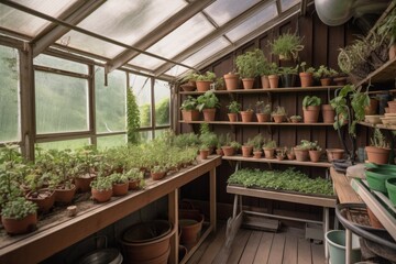 greenhouse with shelves of plants and tools for gardening, created with generative ai
