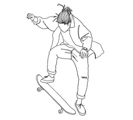 Boy jumping on a skateboard minimalistic vector outline illustration. Line art of Skateboarder jumping man playing skateboard.