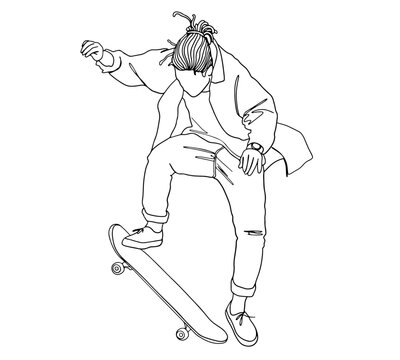 recommend clip art: Boy jumping on a skateboard minimalistic vector outline illustration. Line art of Skateboarder jumping man playing skateboard.
