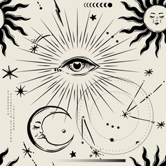 Spiritual eye isoteric seamless pattern. Mystic astrology design, horoscope. MOon sun earth alchmy elements. Mystery art