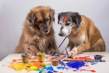 dog and cat, each with paintbrush in hand, creating colorful masterpiece together, created with generative ai
