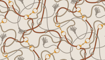 gold chain , leather belt,  Passementerie seamless pattern ,metallic rope,  luxury accessories , silk scarves , repeate pattern . Baroque vintage design , old school  fashion light beige neutral