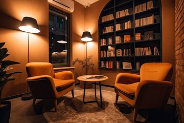 lofi interior with cozy armchairs and warm lighting, ideal for reading or relaxing, created with generative ai