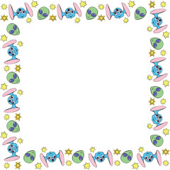 Vector square frame, border from funny Aliens heads, stars in doodle flat style. Bright background, decoration on theme of space, UFO, fantastic, kids design