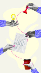 Coordinated planned work. Human hands, employees working with project analytics, graphs, creating ideas. Contemporary art collage. Concept of teamwork, business, office, occupation, success