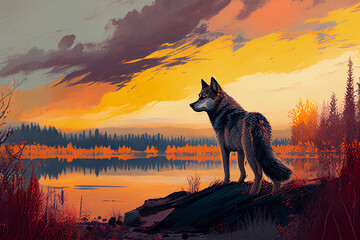 A wolf and a beautiful landscape. AI Generated