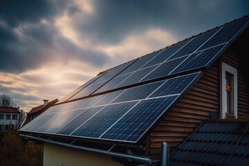 Fototapeta premium solar panels on the roof of eco-friendly house, generating clean energy, created with generative ai