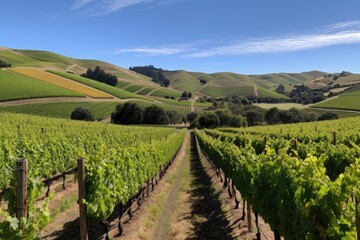 Fototapeta na wymiar vineyard with rows of grape vines and rolling hills in the background, created with generative ai
